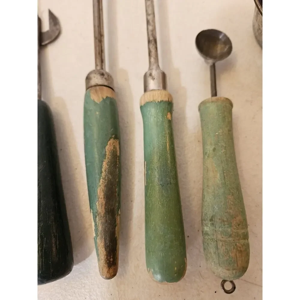 Vintage Kitchen Utensil Lot Wood Handle Scoop Forks Strainer Melon Baller Opener